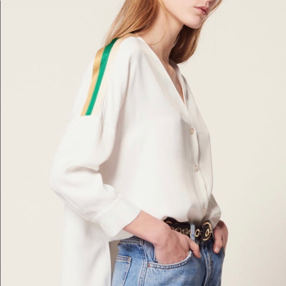 SANDRO WHITE SHIRT WITH GRAPHIC EDGING